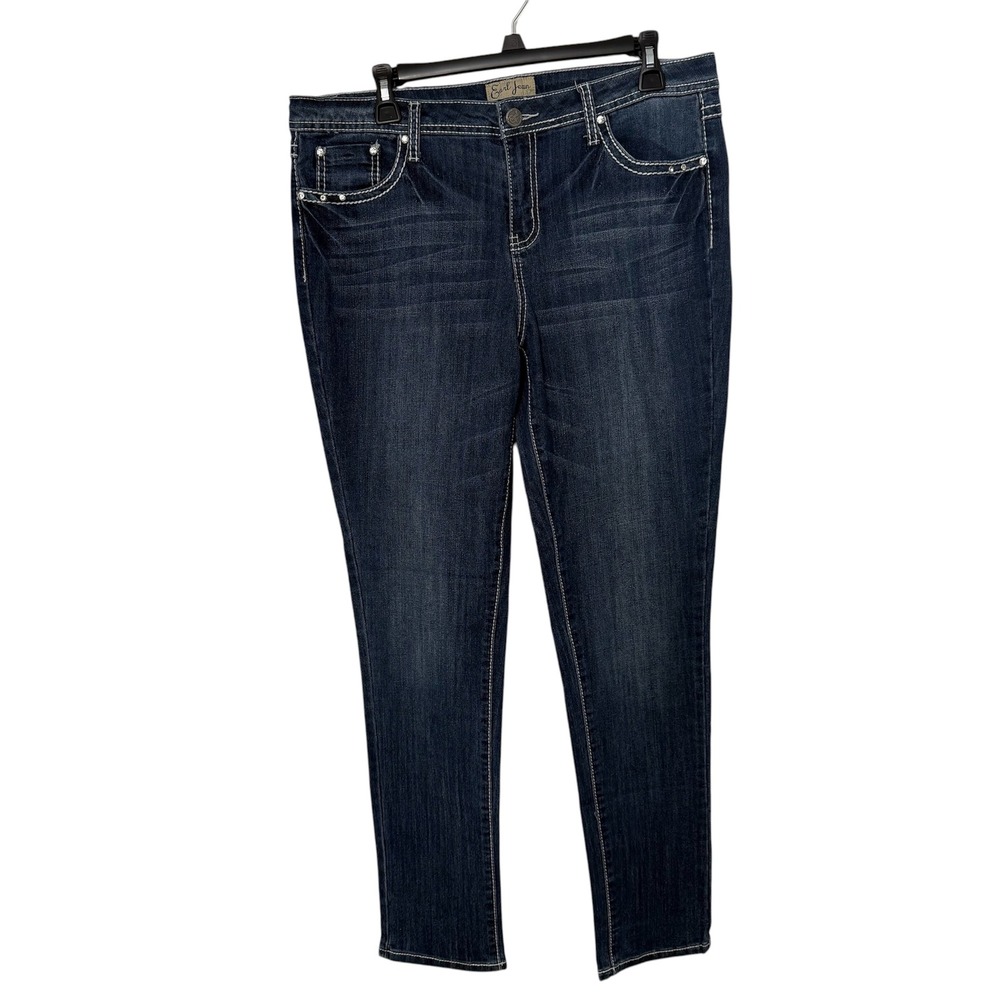 Earl Jeans Rhinestone Embellished Pockets Dark Wash‎ w/ White Contrast Stitching